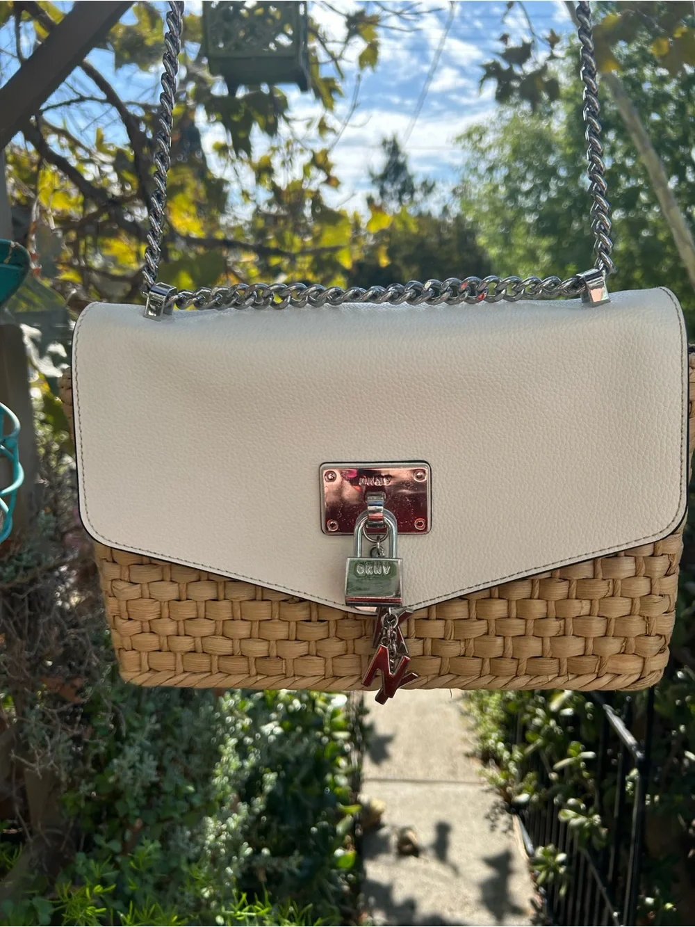 DKNY Elissa Woven Flap Bag w White Leather Flap